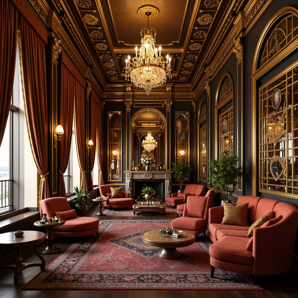 Prompt: Luxurious velvet upholstery, gilded wood carvings, ornate metalwork, curved silhouettes, opulent drapery, lavish chandeliers, grandiose mirrors, intricate patterns, soft golden lighting, 1/1 composition, shallow depth of field, realistic textures, ambient occlusion, Rococo-inspired ornamentation, rich jewel tones, sumptuous fabrics, elegant lines, sophisticated furnishings, luxurious lounge chairs, stylish coffee tables, ornamental vases, lavish decorative accents.