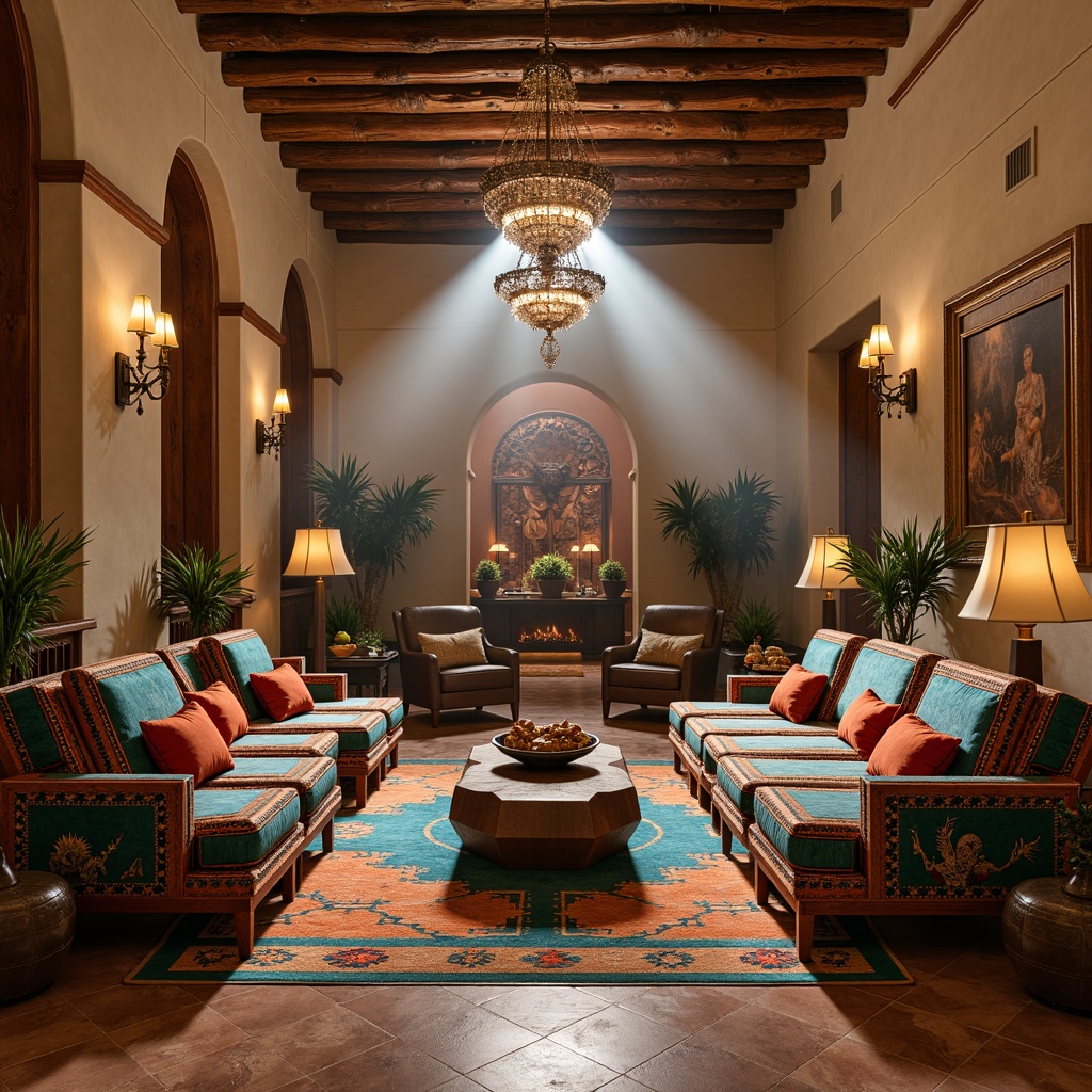 Prompt: Southwestern-themed casino, luxurious furniture, rich velvet fabrics, bold turquoise accents, ornate wooden carvings, rustic metal frames, plush couches, oversized armchairs, vibrant Native American patterns, geometric-shaped coffee tables, statement lighting fixtures, warm beige walls, polished marble floors, lavish chandeliers, atmospheric smoke effects, dramatic spotlights, 1/2 composition, cinematic camera angles, realistic textures, ambient occlusion.