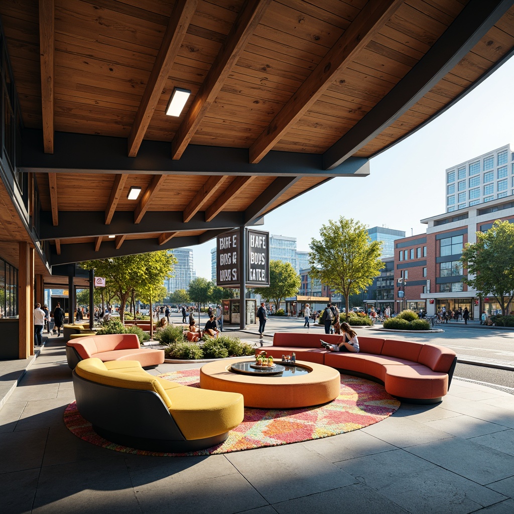 Prompt: Mid-century modern bus station, curved lines, minimalist design, industrial materials, steel beams, wooden accents, vibrant colorful textiles, geometric patterns, retro-style signage, comfortable seating areas, sleek benches, rounded shapes, abundant natural light, soft warm lighting, shallow depth of field, 3/4 composition, panoramic view, realistic textures, ambient occlusion, lush greenery, urban landscape, busy streets, morning commute, rush hour atmosphere.