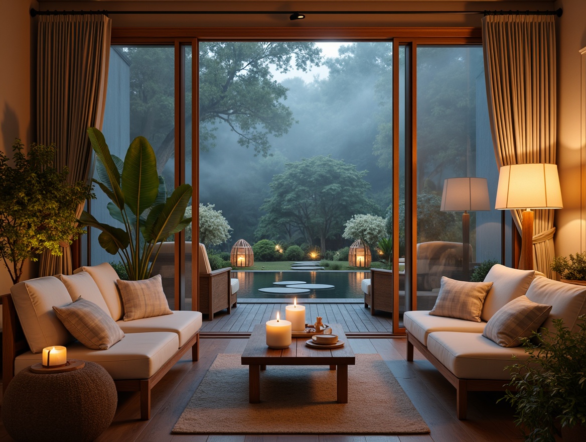 Prompt: Cozy ambiance, warm soft lighting, gentle candlelight, subtle LED glow, calming color temperatures, relaxing pastel hues, soothing natural light, large windows, sliding glass doors, tranquil outdoor views, serene botanical gardens, peaceful water features, misty foggy atmosphere, delicate string lights, whimsical lanterns, intimate table lamps, comforting floor lamps, warm beige tones, creamy white shades, pale blue accents, calming ambient sounds.