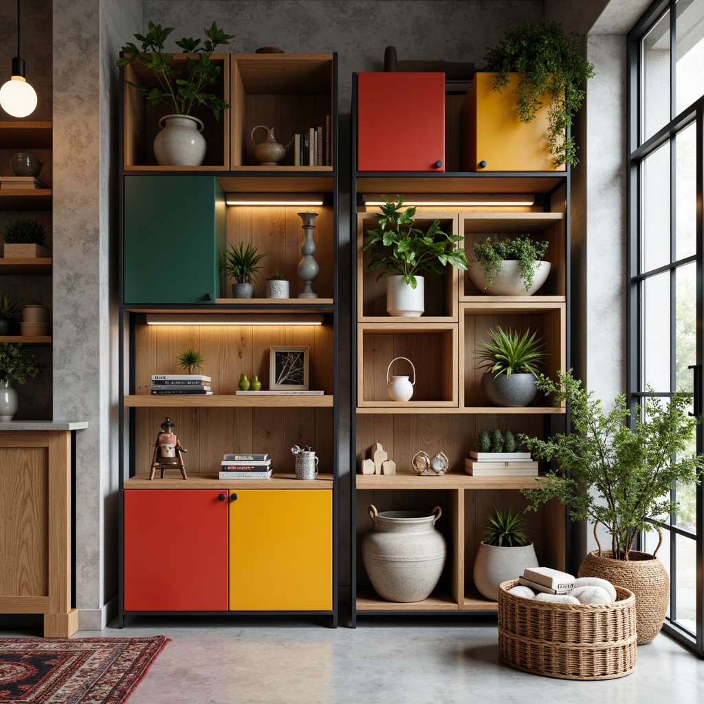 Prompt: Vibrant storage units, bold color accents, modern minimalist shelving, sleek metal frames, wooden crates, rustic textures, earthy tones, pop of bright colors, geometric patterns, Scandinavian-inspired design, functional decor, cozy reading nooks, warm task lighting, natural materials, woven baskets, industrial-chic aesthetic, distressed finishes, eclectic mix of vintage and modern pieces, airy open spaces, 1/1 composition, softbox lighting, realistic reflections.