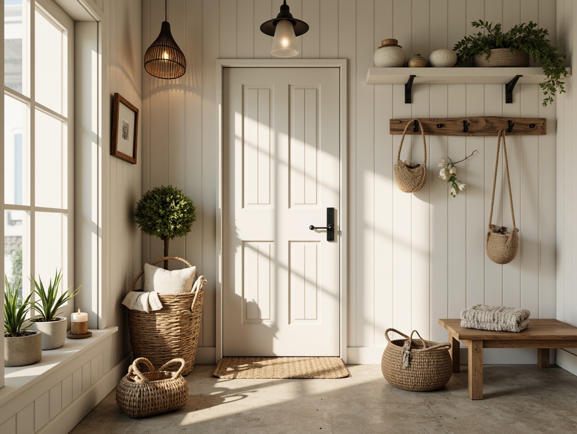 Prompt: Coastal style mudroom, natural textures, driftwood accents, woven baskets, nautical ropes, soft cream colors, calming beachy atmosphere, warm glow lighting, pendant lanterns, rustic metal fixtures, frosted glass shades, ambient shadowing, subtle color contrast, 1/2 composition, shallow depth of field, realistic reflections, ocean-inspired accessories, sandy flooring, sea-salt scented candles, cozy throw blankets.