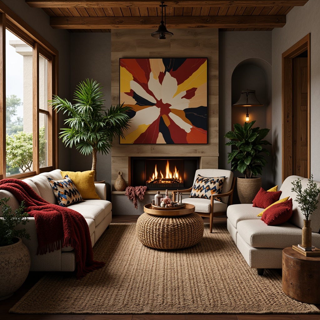 Prompt: Cozy living room, plush throw blankets, soft velvety sofa, Moroccan-inspired pouf, woven wicker coffee table, natural fiber rug, warm ambient lighting, rustic wooden accents, comfortable seating areas, lush green plants, abstract artwork, stylish geometric patterns, rich jewel-toned colors, luxurious fabrics, chunky knit pillows, earthy tones, inviting atmosphere.