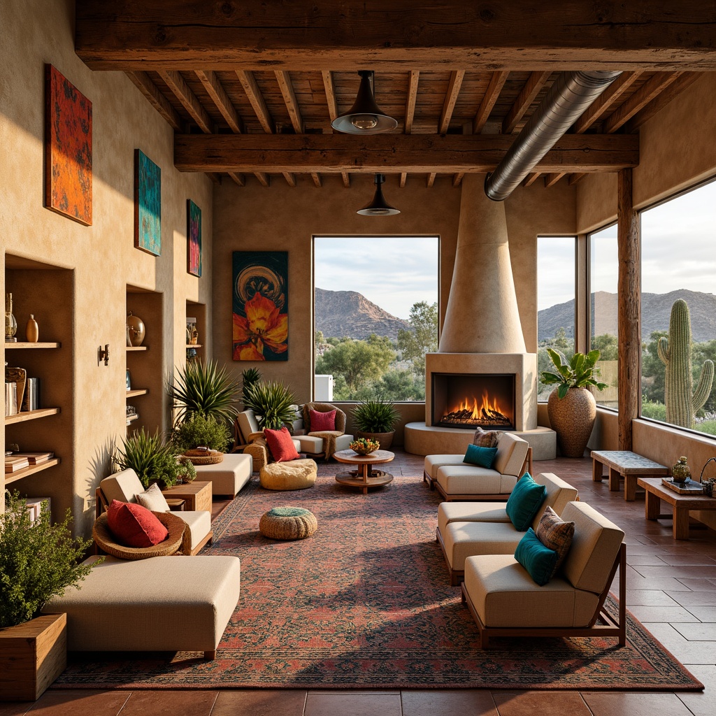 Prompt: \Vibrant southwestern interior, warm earthy tones, rustic wooden accents, woven textiles, colorful tribal patterns, natural stone walls, cozy fireplaces, ambient candlelight, soft warm glow, overhead pendant lamps, industrial metal shades, exposed ductwork, modern minimalist decor, sleek low-profile furniture, plush area rugs, desert botanicals, cacti plants, sunny windows, dramatic ceiling heights, layered window treatments, organic natural materials, warm beige stucco walls, bold turquoise accents.\Let me know if you need any adjustments!