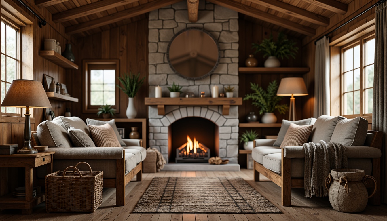 Prompt: Rustic wooden furniture, distressed finishes, natural textures, earthy tones, vintage metal accents, woven wicker baskets, plush throw blankets, stone fireplace surrounds, reclaimed wood shelves, cozy cabin atmosphere, warm candlelight, soft focus, shallow depth of field, 2/3 composition, intimate setting, realistic wood grain, ambient occlusion.