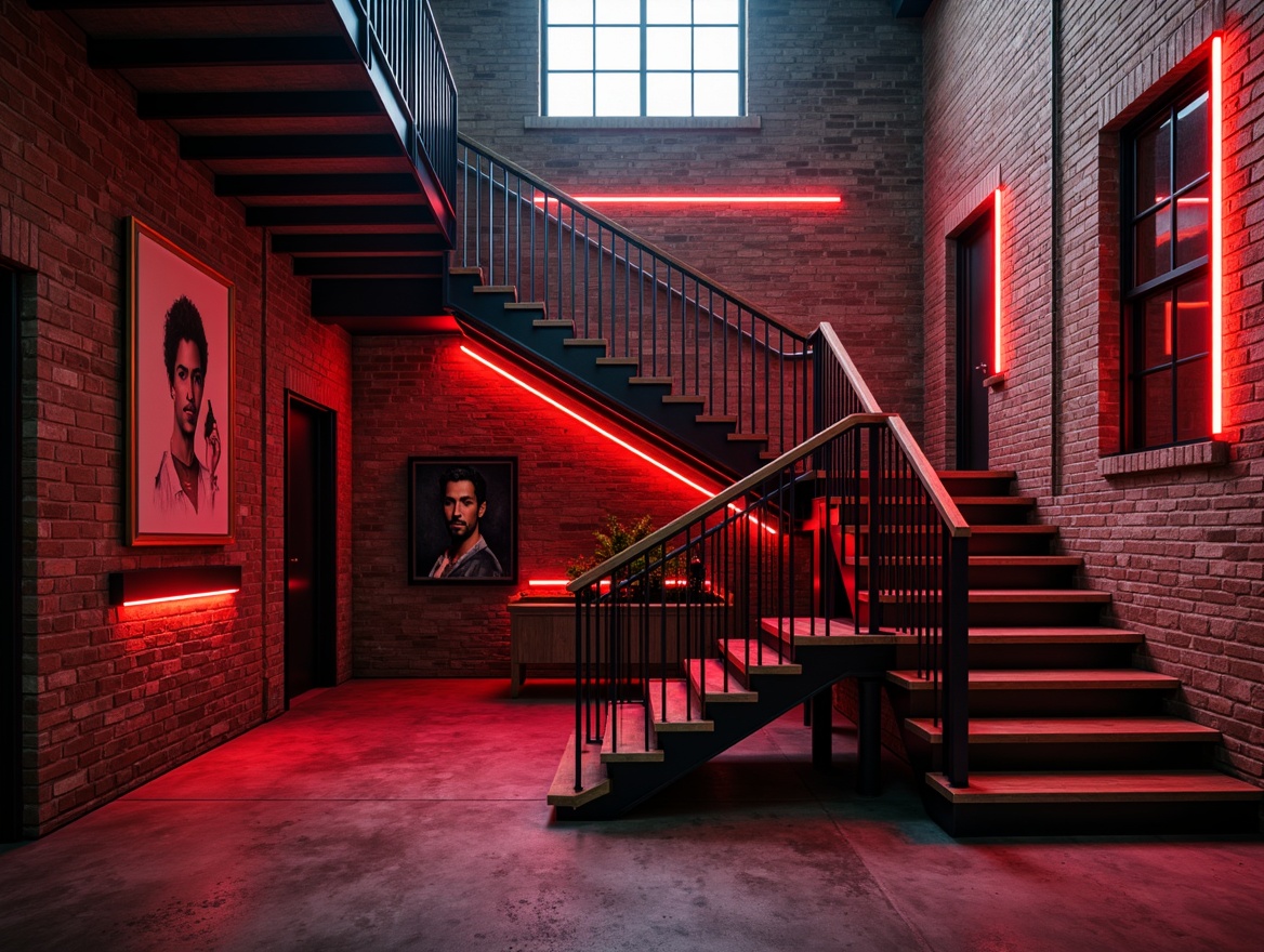 Prompt: Industrial staircase, metal railings, bold red accents, modern LED lighting, exposed brick walls, distressed concrete floors, reclaimed wood treads, black steel stringers, minimalist banisters, open-riser construction, cantilevered landings, urban loft aesthetic, industrial chic vibe, high-contrast color scheme, dramatic shadows, 1-point perspective composition, atmospheric misting effect, gritty textures, cinematic mood lighting.