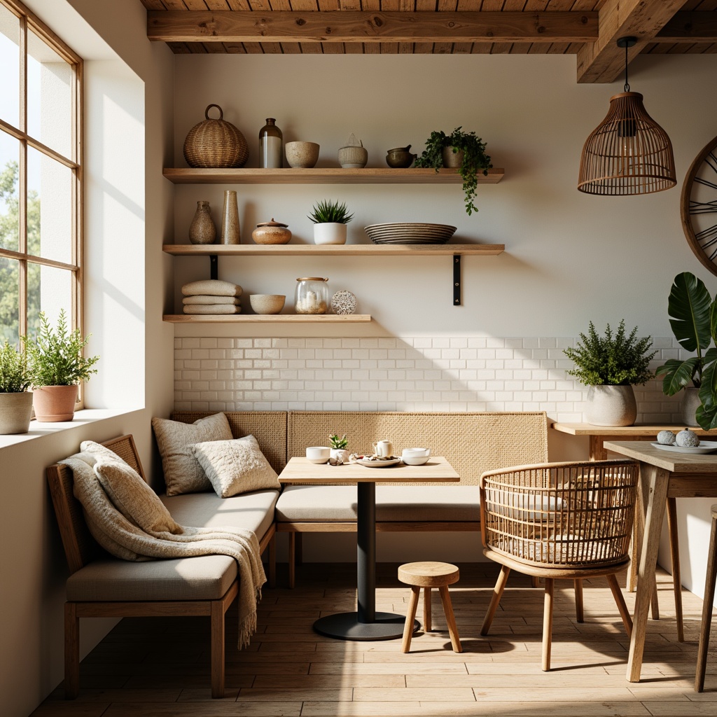 Prompt: Cozy breakfast nook, natural wood accents, minimalist decor, plush throw blankets, woven wicker chairs, rustic wooden tables, soft creamy lighting, warm beige tones, industrial-style metal stools, vintage-inspired ceramic tiles, greenery-adorned shelves, modern Nordic-inspired pendant lamps, light-filled windows, calm morning atmosphere, shallow depth of field, 1/1 composition, realistic textures, ambient occlusion.