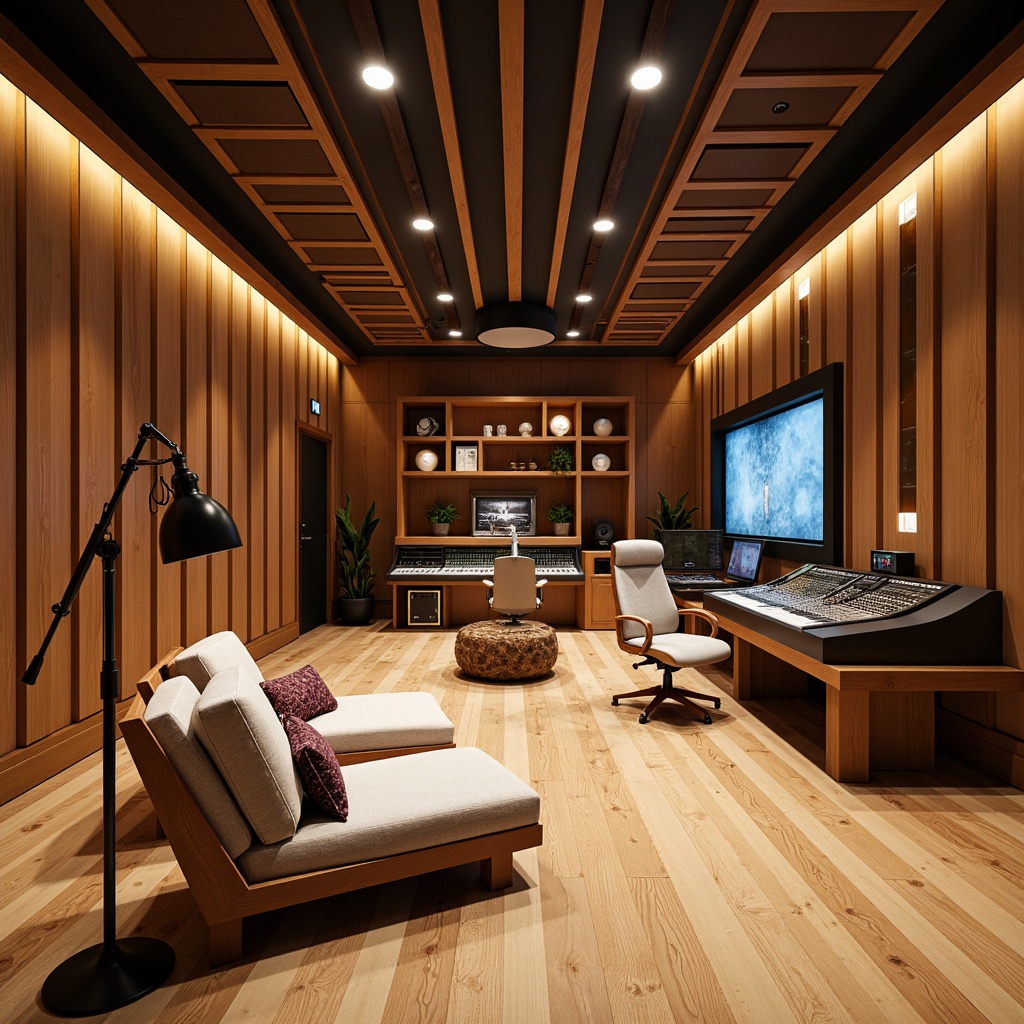 Prompt: Modern recording studio, soundproofed walls, wooden acoustic panels, soft padded chairs, professional audio equipment, microphone stands, soundboards, mixing consoles, creative lighting design, warm color tones, comfortable working space, natural wood accents, minimal decorations, quiet atmosphere, precise sound control, reduced echo, improved audio clarity, high-fidelity sound reproduction, 1/1 composition, shallow depth of field, softbox lighting.