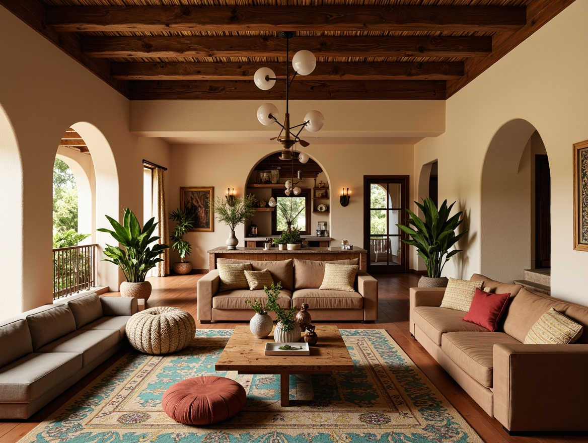 Prompt: Cozy family room, Mediterranean style decor, warm beige walls, rustic wooden furniture, plush velvet sofas, vibrant turquoise accents, colorful Moroccan tiles, intricate geometric patterns, natural linen fabrics, soft golden lighting, warm textures, comfortable seating areas, lively family gatherings, joyful atmosphere, 1/1 composition, realistic rendering, ambient occlusion.