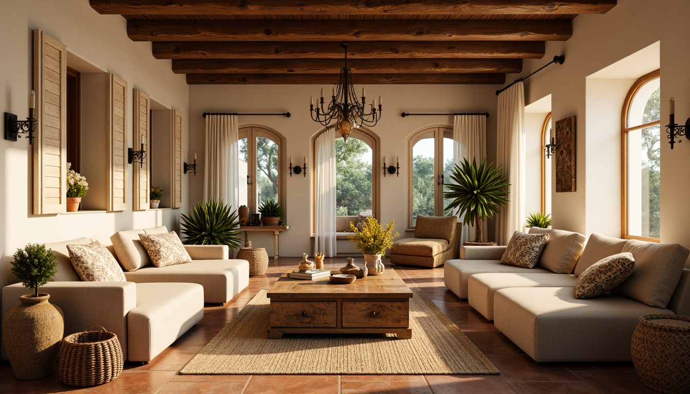 Prompt: Warm Mediterranean family room, rustic wooden ceiling beams, earthy terracotta flooring, plush sectional sofas, distressed wood coffee tables, vintage decorative vases, woven wicker baskets, soft golden lighting, elegant chandeliers, bronze pendant lights, ornate metal sconces, warm beige walls, large windows with white shutters, sheer curtains with subtle patterns, cozy reading nooks, comfortable throw pillows, lush greenery, warm sunny day, shallow depth of field, 3/4 composition, realistic textures.