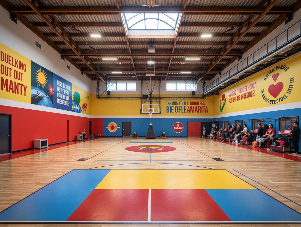 Prompt: Vibrant gymnasium interior, bold athletic colors, dynamic flooring patterns, sleek metal beams, modern sports equipment, motivational quotes, inspirational posters, natural wood accents, energetic color blocking, bright overhead lighting, 1/2 composition, shallow depth of field, realistic textures, ambient occlusion, warm and inviting atmosphere, youthful energy, school spirit, enthusiastic vibes.