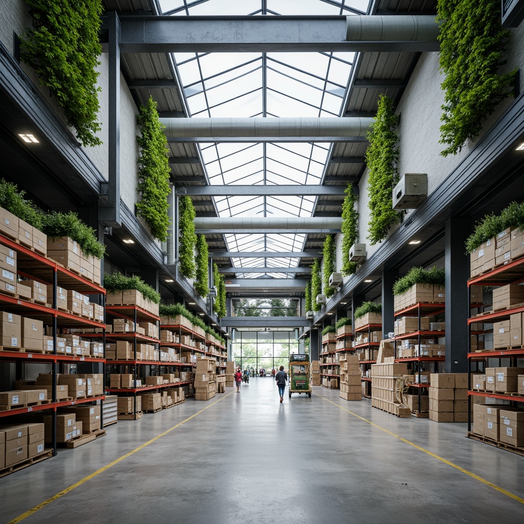 Prompt: Modern distribution center, open layout concept, high ceiling warehouse, exposed ductwork, polished concrete floors, industrial chic decor, minimalist lighting fixtures, sleek metal shelving units, automated storage systems, robotic picking machinery, vertical farming installations, living green walls, natural ventilation systems, abundant daylight, overhead skylights, 1/1 composition, symmetrical framing, softbox lighting, realistic textures, ambient occlusion.