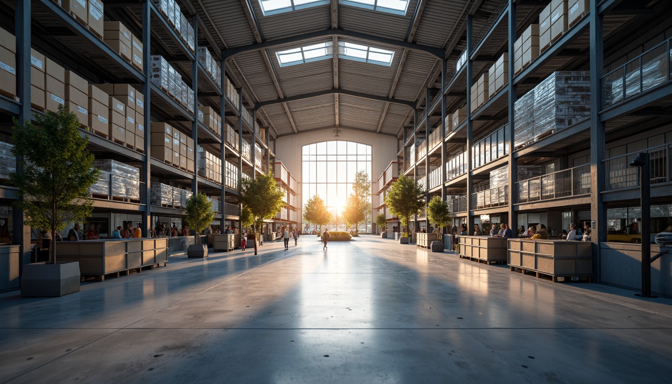 Prompt: Bright LED lighting, sleek metal shelves, minimalist storage units, polished concrete floors, industrial chic decor, modern warehouse ambiance, high ceilings, open spaces, natural ventilation, abundant sunlight, soft warm glow, 1/1 composition, shallow depth of field, realistic textures, ambient occlusion.