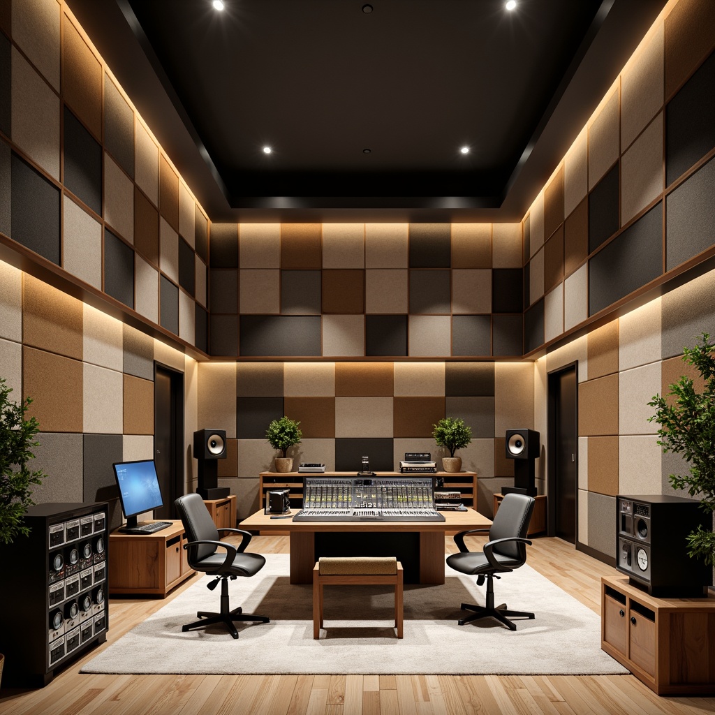 Prompt: Modern recording studio, soundproofed walls, acoustic panels with varying textures, wooden diffusers, fabric-wrapped absorbers, metallic resonators, dimmable LED lighting, ergonomic mixing console, high-fidelity speakers, audio equipment racks, minimalistic interior design, neutral color palette, sound-absorbing materials, optimized speaker placement, 1/2 composition, softbox lighting, subtle ambient occlusion.