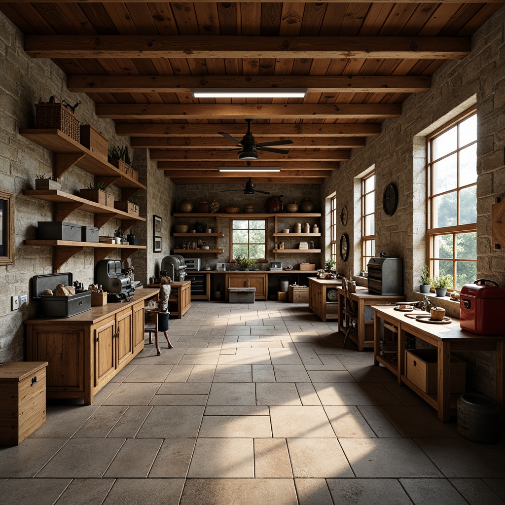 Prompt: Rustic family garage, wooden workbenches, distressed finishes, metal toolboxes, vintage machinery, earthy color palette, natural stone flooring, exposed brick walls, wooden crates, antique furniture, warm ambient lighting, shallow depth of field, 1/1 composition, realistic textures, ambient occlusion.