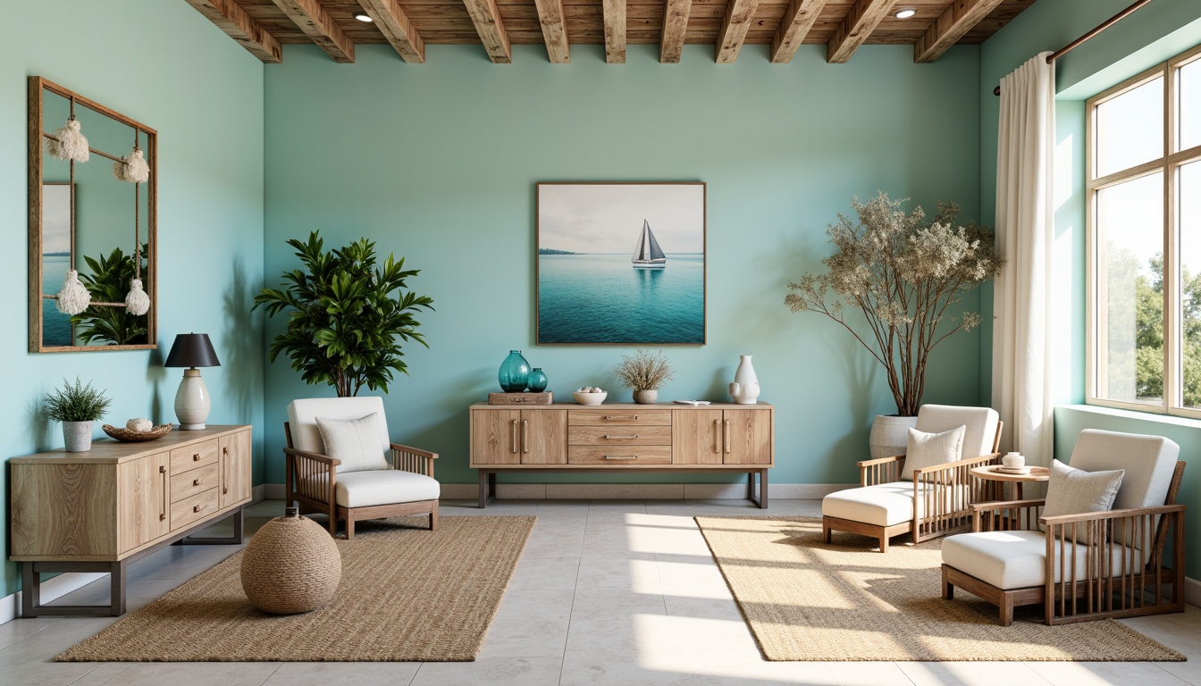 Prompt: Coastal office interior, calming turquoise walls, driftwood accents, natural woven fibers, jute rugs, reclaimed wood furniture, coral-inspired decorative accessories, ocean-blue glass vases, shell-adorned mirrors, nautical rope details, soft linen curtains, whitewashed wooden beams, distressed finishes, warm beige tones, comfortable ergonomic chairs, minimalistic metal frames, abundant natural light, airy open space, 1/1 composition, shallow depth of field, realistic textures.