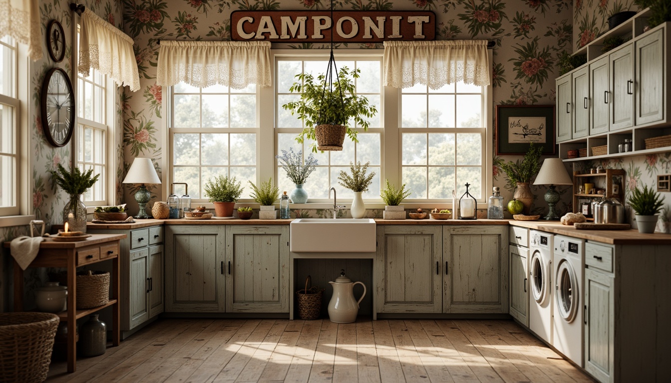 Prompt: Distressed wooden cabinets, vintage metal signs, soft pastel colors, lace curtains, floral patterns, rustic wooden floors, antique washing machines, distressed ironing boards, woven baskets, natural linen fabrics, warm candlelight, shallow depth of field, 1/1 composition, realistic textures, ambient occlusion.