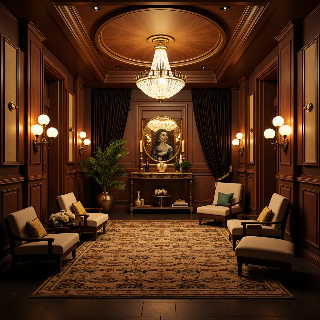 Prompt: Luxurious basement, Art Deco style, ornate chandeliers, crystal pendant lights, bronze sconces, geometric patterned rugs, rich wood paneling, velvet drapes, metallic accents, low-key ambient lighting, warm golden tones, soft diffused light, subtle shading, dramatic spotlights, 1/1 composition, cinematic atmosphere, opulent textures, intricate details.