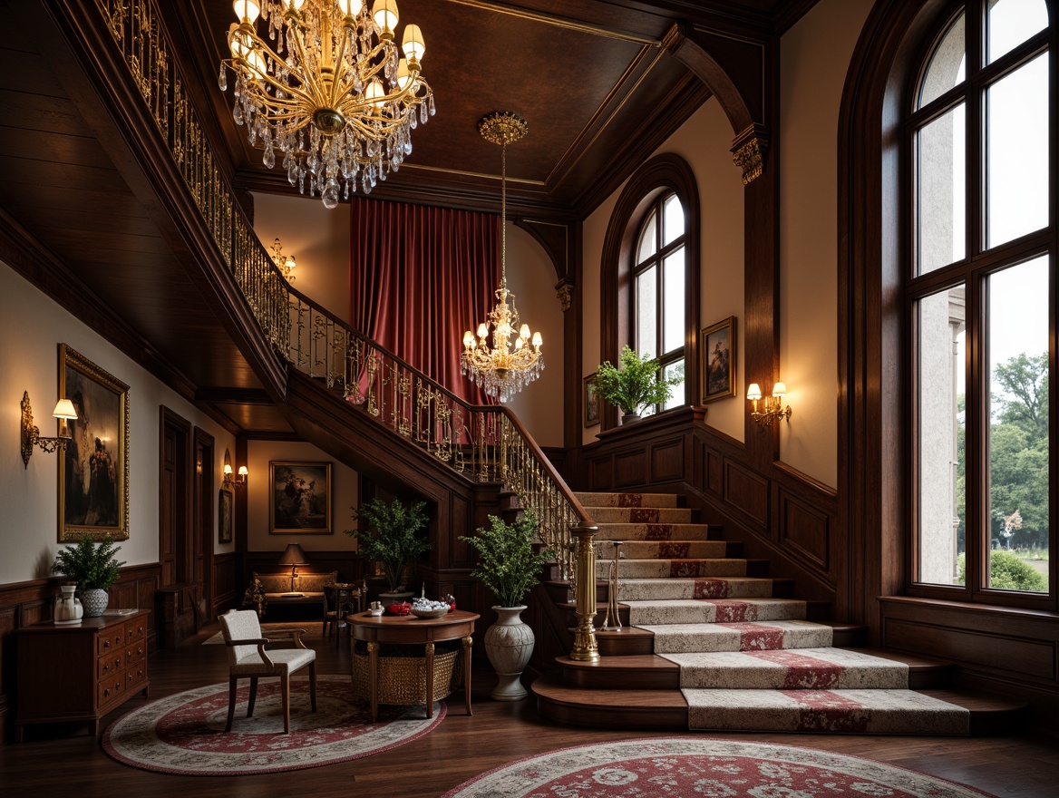 Prompt: Ornate chandeliers, crystal drops, golden accents, intricate metalwork, ornamental fixtures, vintage bronze, rich mahogany, velvet drapes, lavish furnishings, opulent decor, grand staircase, high ceilings, luxurious textiles, warm soft lighting, subtle color palette, 1/1 composition, shallow depth of field, realistic textures, ambient occlusion.