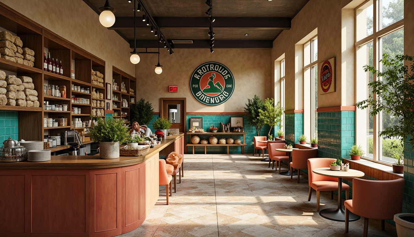 Prompt: Retro-style grocery store interior, warm beige walls, rich walnut wood accents, vintage-inspired signage, turquoise and coral color scheme, geometric patterned tiles, sleek chrome fixtures, mid-century modern lighting fixtures, open shelving units, natural stone flooring, abundance of greenery, warm softbox lighting, shallow depth of field, 3/4 composition, realistic textures, ambient occlusion.Please let me know if this meets your expectations!