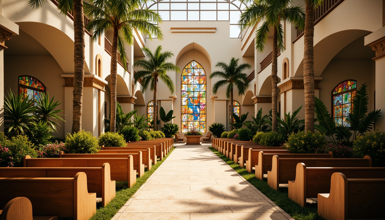 Prompt: Vibrant tropical church interior, warm natural lighting, stained glass windows, colorful mosaics, wooden pews, ornate carvings, grandiose ceilings, lush greenery, palm trees, exotic flowers, open-air atrium, skylights, clerestory windows, soft diffused light, warm beige tones, earthy textures, organic shapes, minimalist decor, serene ambiance, peaceful atmosphere, 1/1 composition, high-key lighting, shallow depth of field.