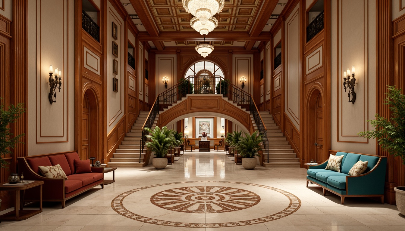 Prompt: Luxurious interior, rich wood paneling, ornate moldings, elegant archways, sophisticated columns, intricately carved furniture, velvet upholstery, antique bronze hardware, crystal chandeliers, subtle lighting, warm beige walls, marble flooring, intricate inlays, ornamental ceilings, grand staircases, refined color palette, soft warm ambiance, 1/1 composition, shallow depth of field, realistic textures.