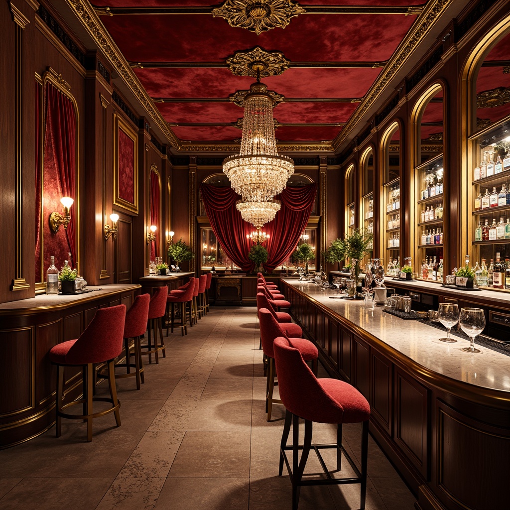 Prompt: Opulent bar interior, rich velvet fabrics, ornate gilded frames, crystal chandeliers, luxurious marble countertops, curved wooden accents, intricate carvings, plush stools, tufted upholstery, golden metal legs, ornamental mirrors, lavish drapery, soft warm lighting, shallow depth of field, 1/1 composition, realistic textures, ambient occlusion.