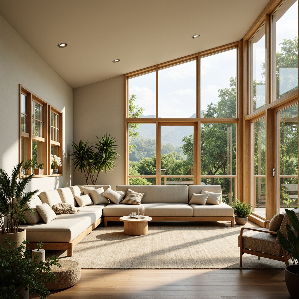 Prompt: Cozy sunroom, large windows, natural light, soft warm tones, minimal ornamentation, sleek low-profile furniture, light-colored wood accents, cotton or linen upholstery, simple geometric patterns, subtle textures, airy atmosphere, plants with clean lines, modern minimalist decor, uncluttered space, calming ambiance, gentle color palette, 1/1 composition, shallow depth of field, warm softbox lighting.