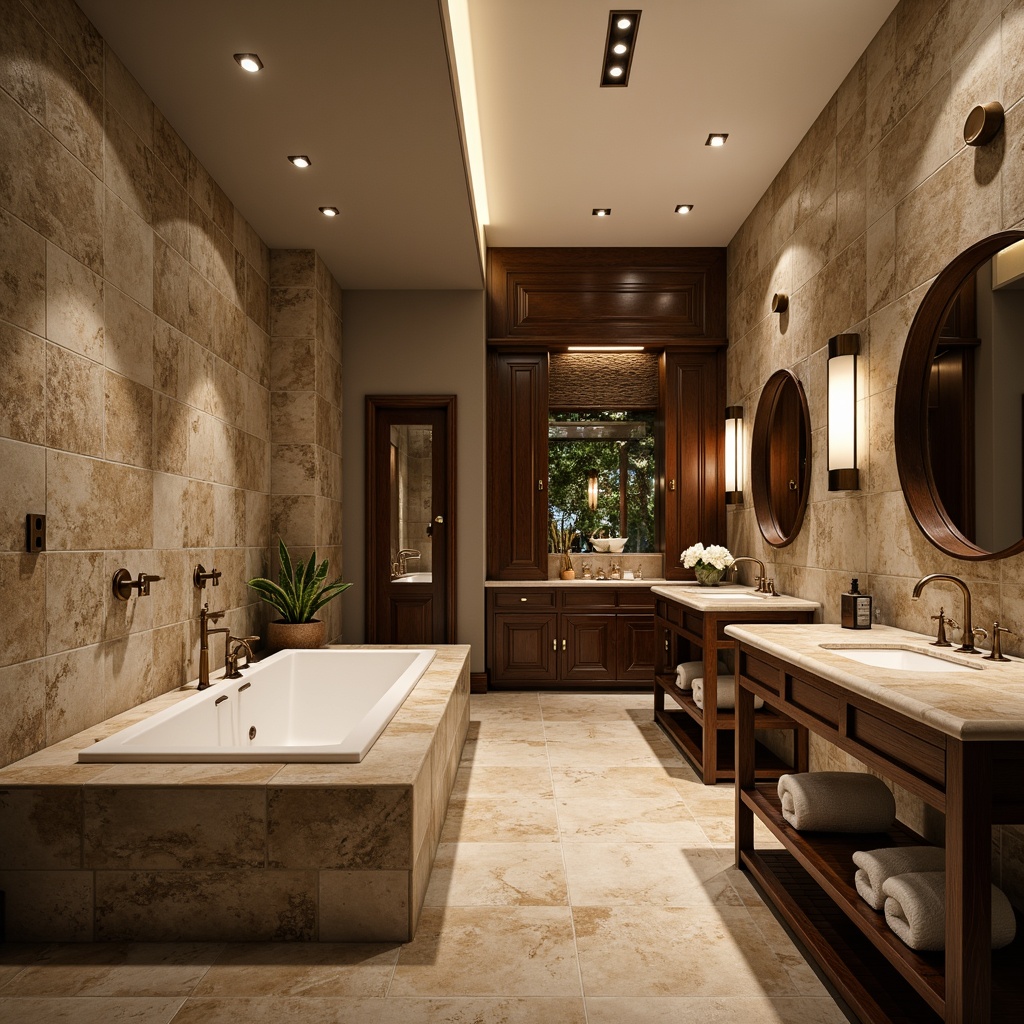 Prompt: Luxurious bathroom, textured stone walls, polished marble countertops, ornate wooden cabinetry, metallic fixtures, soft warm lighting, subtle shadows, 3/4 composition, intimate atmosphere, realistic reflections, ambient occlusion, spa-inspired ambiance, natural materials, earthy color palette, serene water features, freestanding tubs, rainfall showerheads, plush towels, aromatic scents.