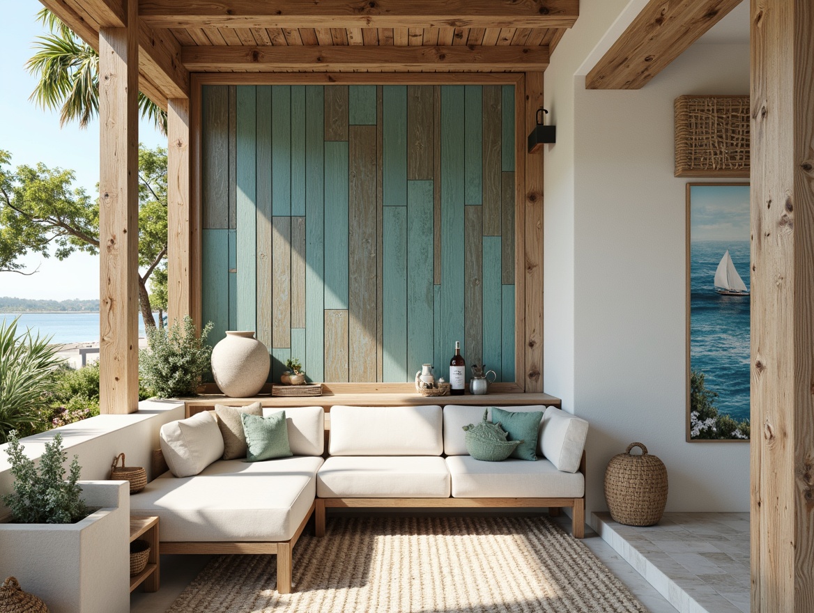 Prompt: Weathered wooden planks, driftwood accents, soft blue-green hues, ocean-inspired stucco, natural stone walls, sea-salt scrubbed concrete, beachy white shiplap, coral-patterned tiles, woven rattan textures, sandy beige stucco, distressed wood paneling, nautical rope details, ocean-breeze colors, light-weathered metal accents, coastal-themed murals, warm sunny day, soft natural lighting, 1/1 composition, shallow depth of field, realistic textures.