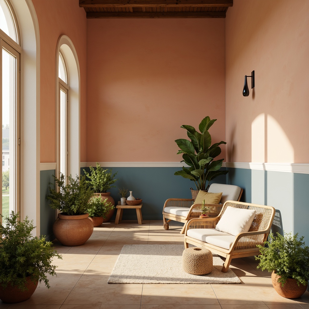 Prompt: Soft peach walls, creamy white trim, warm beige floors, calming blue accents, natural wood furniture, earthy terracotta pots, lush green plants, golden hour lighting, soft shadows, 1/2 composition, intimate atmosphere, cozy textures, subtle gradient effects.