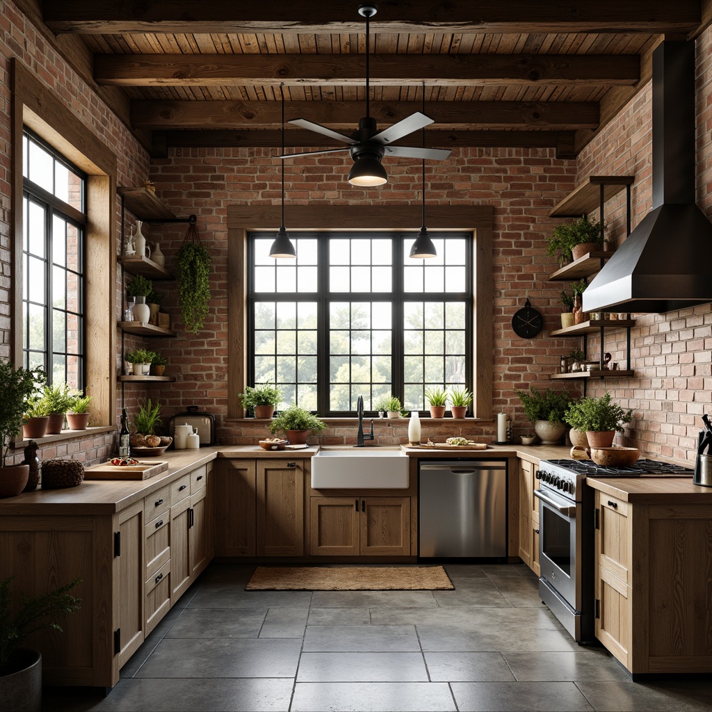 Prompt: Rustic farmhouse, vintage industrial accents, distressed metal beams, reclaimed wood planks, exposed brick walls, modern farmhouse sink, industrial-style lighting fixtures, metal grid windows, wooden crates, agricultural tools, natural stone flooring, earthy color palette, warm ambient lighting, shallow depth of field, 3/4 composition, rustic textures, ambient occlusion.