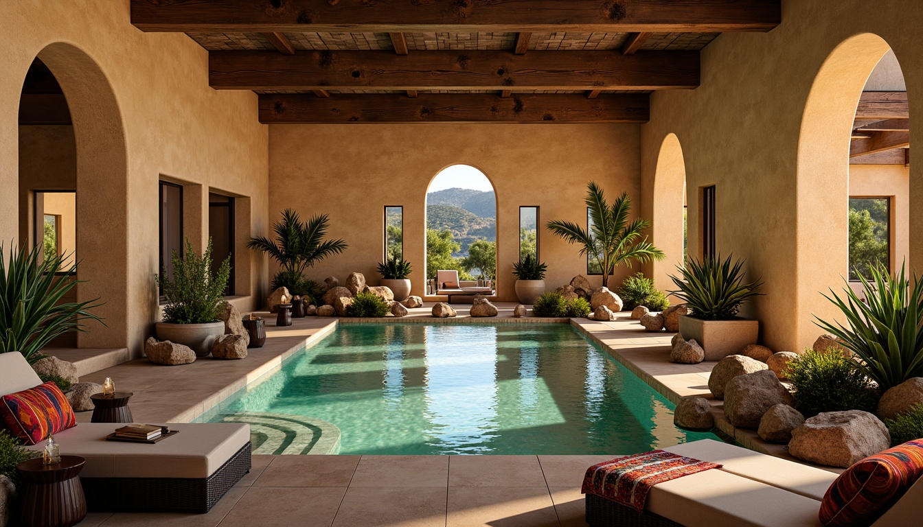 Prompt: Southwestern-inspired indoor pool area, warm beige stone walls, elegant wooden accents, turquoise water, natural rock formations, lush greenery, exotic plants, modern LED lighting, ambient warm glow, shallow depth of field, 1/2 composition, realistic reflections, luxurious lounge chairs, plush throw pillows, vibrant colorful textiles, intricate Native American patterns, arched windows, panoramic views, soft warm lighting, relaxing atmosphere.