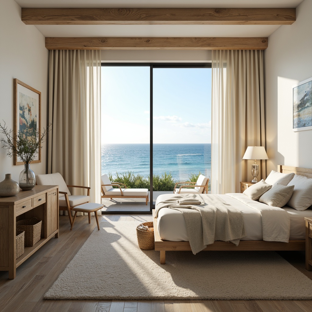 Prompt: Coastal dorm room, calming ocean views, soothing blue hues, creamy whites, weathered wood accents, natural textiles, woven baskets, sea-glass vases, driftwood decorative pieces, plush area rugs, soft billowy curtains, minimal modern furniture, glass desk lamps, serene ambiance, warm golden lighting, shallow depth of field, 1/1 composition, realistic textures, ambient occlusion.