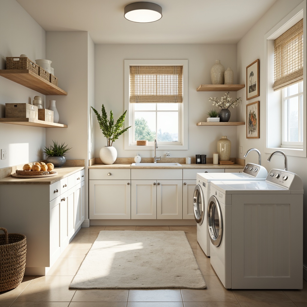 Prompt: Soft laundry room ambiance, calming pastel hues, creamy whites, warm beige tones, gentle blues, soothing greens, natural wood accents, metal hardware, minimalist shelves, functional storage units, subtle texture contrasts, warm task lighting, softbox window treatments, 1/2 composition, harmonious color harmony, realistic reflections.