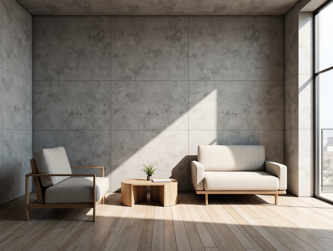 Prompt: Monochromatic concrete walls, smooth wooden floors, matte metal surfaces, soft beige upholstery, minimalist furniture, simple geometric shapes, clean lines, subtle shadows, natural light pouring in, airy atmosphere, shallow depth of field, 3/4 composition, realistic textures, ambient occlusion.