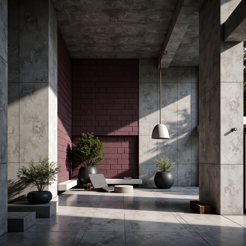 Prompt: Monochromatic brutalist structure, rugged concrete walls, plum-colored accent bricks, industrial metal beams, exposed ductwork, minimalist interior design, sparse furniture arrangement, bold geometric shapes, dramatic shadows, high-contrast lighting, cinematic composition, shallow depth of field, 2.35