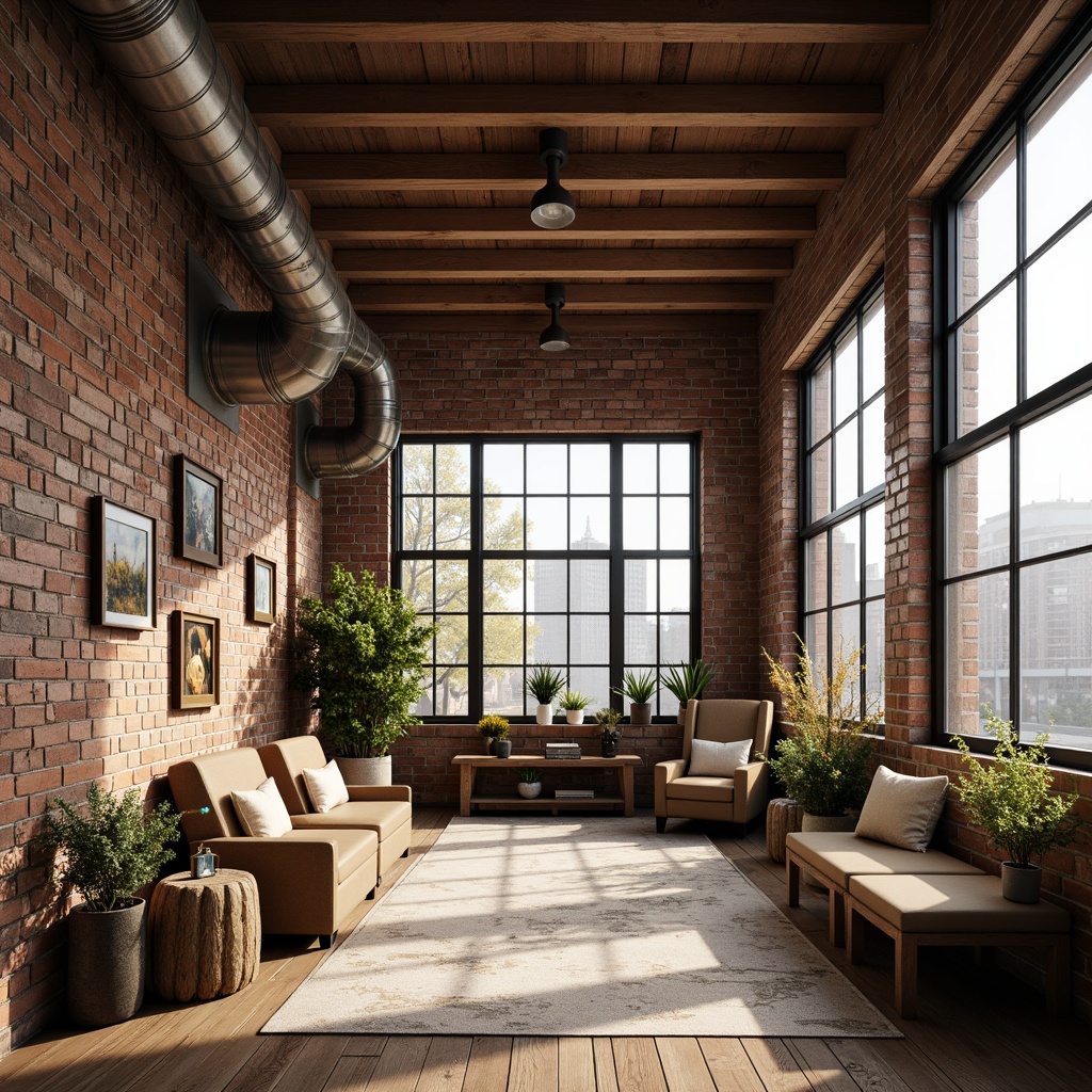 Prompt: Exposed brick walls, wooden beam ceilings, industrial metal pipes, reclaimed wood floors, vintage decorative items, earthy tone color palette, natural textiles, potted plants, rustic wooden furniture, distressed finishes, urban cityscape views, large windows, minimalist decor, soft warm lighting, shallow depth of field, 1/1 composition, realistic textures, ambient occlusion.