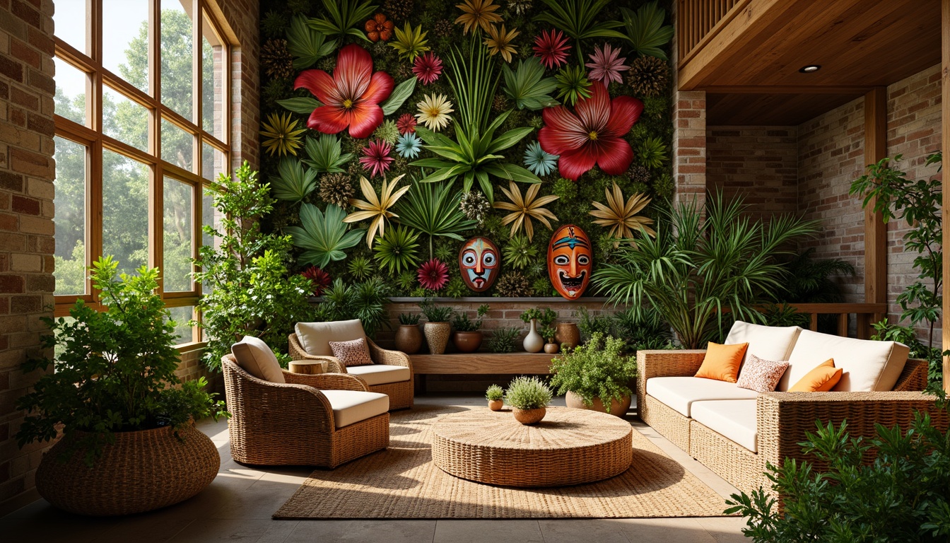 Prompt: Vibrant tropical leaves, exotic floral patterns, reclaimed wood accents, natural woven fibers, earthy terracotta tones, rustic stone walls, lush greenery installations, living walls, vertical gardens, colorful tiki masks, woven rattan furniture, bamboo textures, jungle-inspired murals, bold bright colors, warm sunny lighting, soft focus blur, 1/2 composition, intimate atmosphere, realistic material textures.