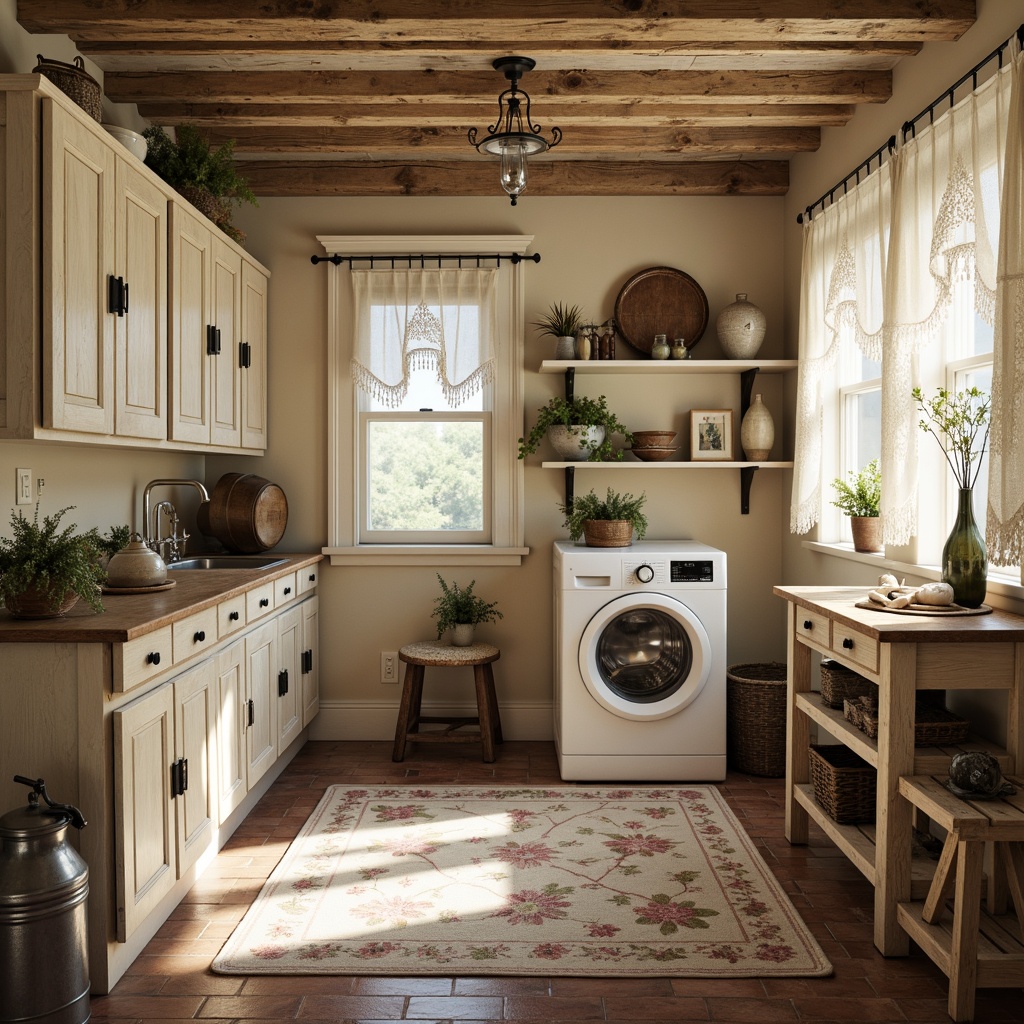 Prompt: Vintage laundry room, distressed wooden cabinets, soft pastel colors, floral patterns, lace curtains, antique washing machines, ornate metal decorations, rustic stone walls, worn brick floors, creamy whites, warm beige tones, soft natural lighting, romantic ambiance, gentle shadows, shallow depth of field, 1/1 composition, realistic textures, ambient occlusion.