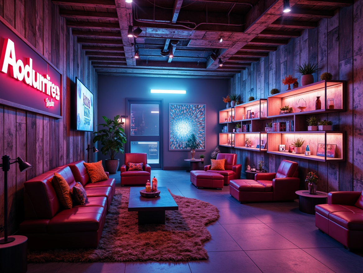 Prompt: Vibrant game room, eclectic wall treatments, distressed wooden panels, graffiti-inspired murals, neon-colored accents, futuristic LED lights, geometric-shaped shelves, abstract artwork, bold typography, avant-garde furniture, industrial metal frames, reclaimed wood textures, dynamic shadows, low-key lighting, cinematic color palette, 2.5D composition, atmospheric fog effects, stylized game props, immersive environment, surreal ambiance, cyberpunk influences, futuristic architecture.