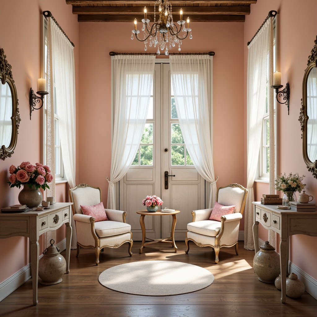 Prompt: Distressed vintage furniture, soft peach walls, lace curtains, antique wooden doors, ornate metal hardware, pastel pink roses, distressed finishes, feminine accents, elegant chandeliers, creamy whites, warm beige tones, rustic wood textures, subtle sheen, natural light filtering, 1/2 composition, shallow depth of field, romantic ambiance.