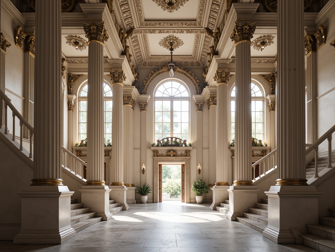 Prompt: Grandiose columns, ornate capitals, symmetrical facades, classical orders, pilasters, entablatures, architraves, pediments, domes, grand entranceways, sweeping staircases, marble floors, intricate moldings, ornamental plasterwork, gilded details, rusticated bases, Corinthian capitals, Doric columns, Ionic scrolls, Neoclassical ornamentation, subtle color palette, natural light, high ceilings, dramatic archways, elegant proportions, harmonious balance, serene atmosphere, 3/4 composition, shallow depth of field, realistic textures.