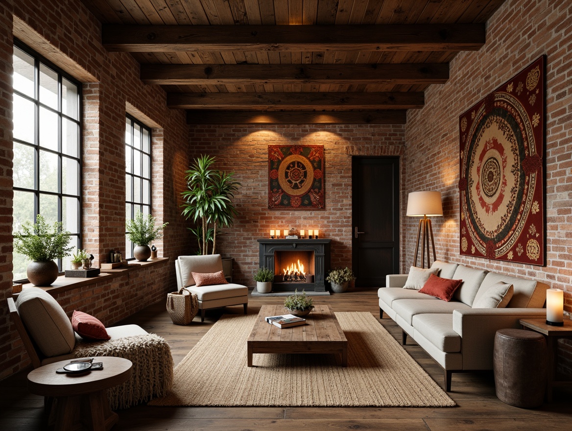 Prompt: Rustic loft interior, reclaimed wood beams, exposed brick walls, vintage industrial decor, distressed metal accents, soft velvet fabrics, natural linen textiles, woven jute rugs, earthy color palette, warm candlelight ambiance, cozy reading nooks, plush throw blankets, ornate wooden furniture, antique decorative items, richly patterned tapestries, subtle gradient lighting, shallow depth of field, 2/3 composition, realistic materials, ambient occlusion.