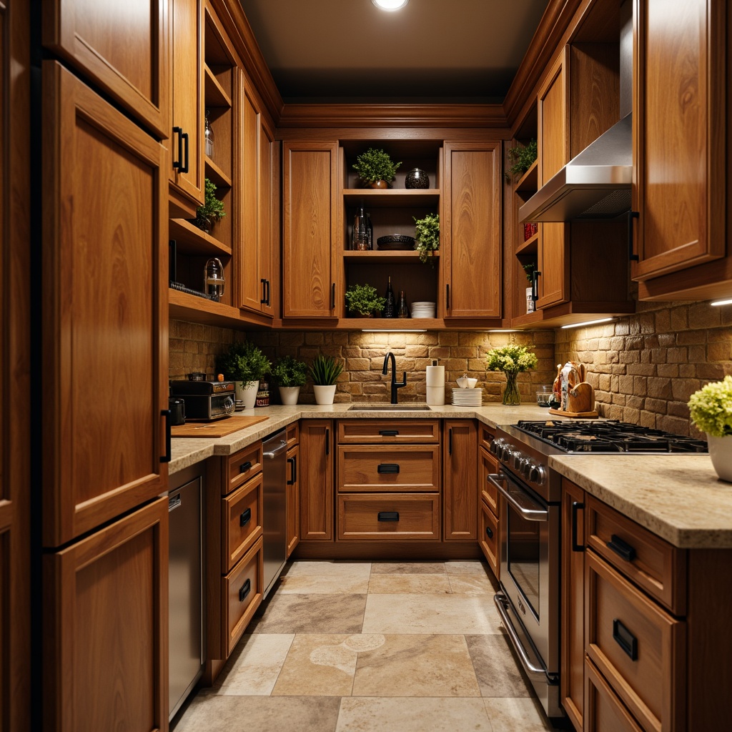 Prompt: Cozy pantry, warm wooden tones, elegant cabinetry, soft-close drawers, ample storage space, butcher-block countertops, rich wood grain patterns, stainless steel appliances, earthy color palette, natural stone flooring, rustic-chic decor, pendant lighting, warm ambient glow, shallow depth of field, 1/2 composition, realistic textures, subtle specular highlights.