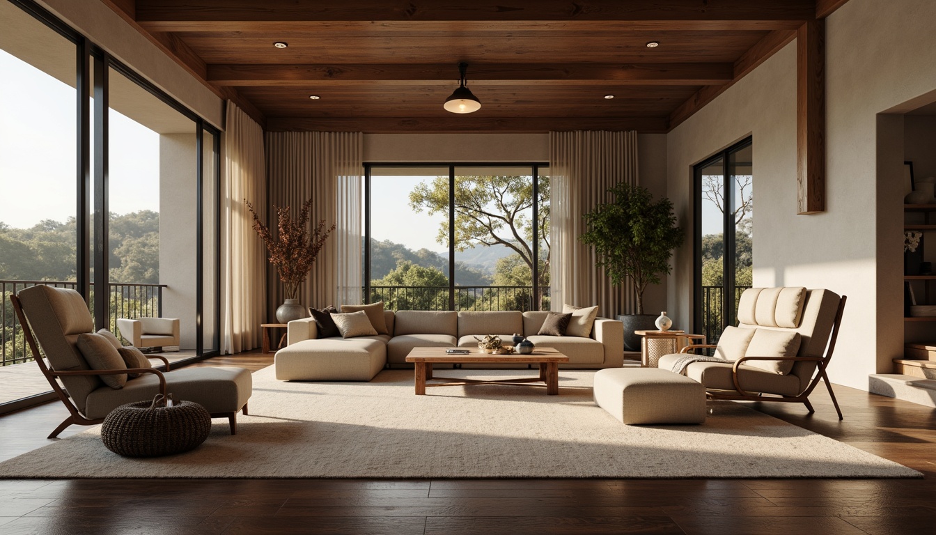 Prompt: Luxurious living room, plush area rugs, soft warm lighting, rich wood flooring, dark walnut tones, smooth matte finishes, comfortable seating areas, cozy throw blankets, natural fiber textiles, organic patterns, calming color palette, minimalist decor, elegant vases, modern furniture designs, sleek metal accents, polished chrome legs, spacious open layouts, high ceilings, large windows, abundant natural light, subtle scent of wood polish, 3/4 composition, shallow depth of field.