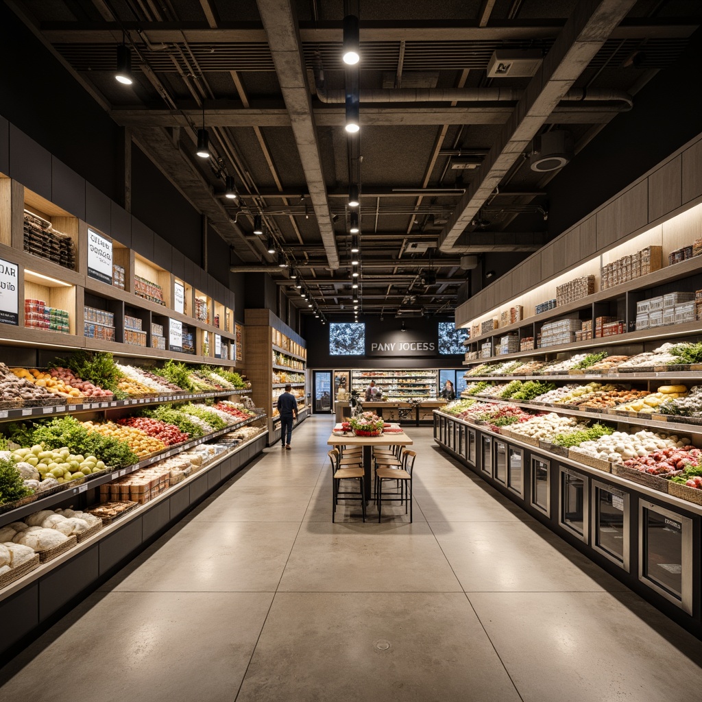 Prompt: Modern grocery store interior, sleek shelving units, polished concrete floors, exposed ductwork, industrial chic ambiance, suspended track lighting systems, cylindrical pendant lamps, linear LED strips, frosted glass diffusers, warm white color temperature, 3/4 composition, shallow depth of field, softbox lighting effects, realistic reflections, ambient occlusion, minimalist decor, urban modern aesthetic, fresh produce displays, gourmet food sections, natural stone accents, reclaimed wood shelving, stainless steel appliances.