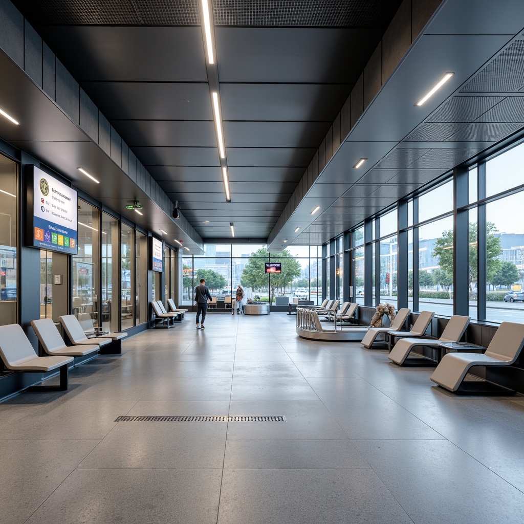 Prompt: Modern bus station interior, sleek metallic lines, minimalist design, curved benches, stainless steel handrails, LED lighting strips, floor-to-ceiling glass walls, open-space layout, efficient passenger flow, comfortable waiting areas, digital information displays, real-time schedule updates, automated ticketing systems, clean minimalistic color scheme, polished concrete floors, acoustic ceiling panels, subtle branding elements, 1/1 composition, softbox lighting, shallow depth of field.