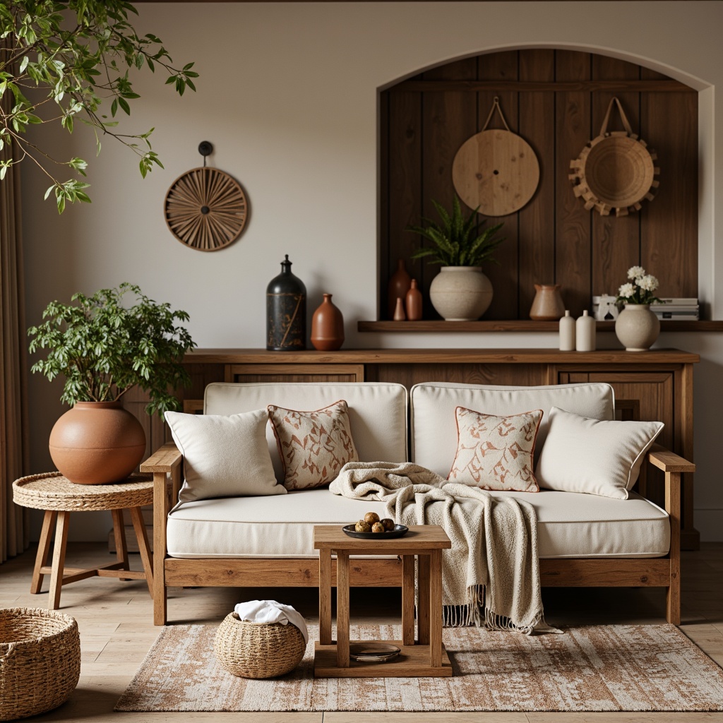 Prompt: Rustic wooden furniture, natural linen upholstery, earthy terracotta pots, woven wicker baskets, distressed metal lanterns, vintage ceramic vases, handmade textiles, reclaimed wood accents, earth-toned color palette, organic shapes, cozy throw blankets, nature-inspired patterns, soft warm lighting, shallow depth of field, 3/4 composition, realistic textures, ambient occlusion.