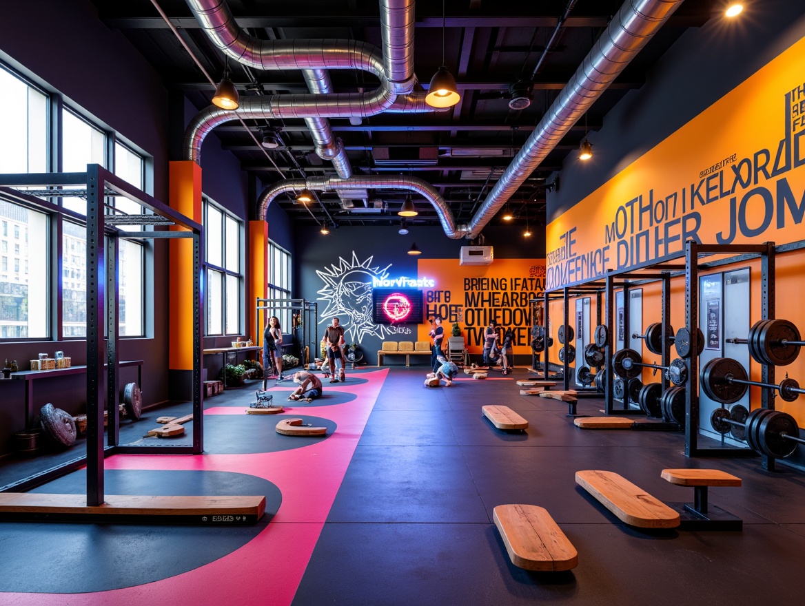 Prompt: Vibrant gym interior, bold color scheme, energetic atmosphere, dynamic lighting, motivational quotes, sleek metal equipment, rubber flooring, modern architectural design, high ceilings, large windows, natural light, urban feel, industrial chic, exposed ductwork, reclaimed wood accents, abstract graffiti, neon signs, intense workout zones, yoga areas, free weight sections, cardio machines, athletic tracks, competitive vibe, high-energy ambiance, dramatic shadows, 3/4 composition, realistic textures, ambient occlusion.